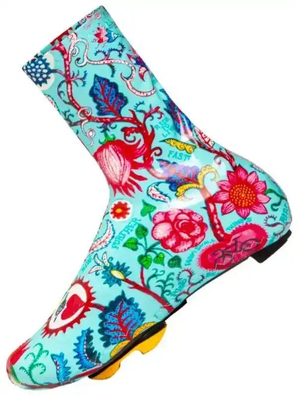Colorful floral cycling shoe cover with vibrant patterns for road bike rides