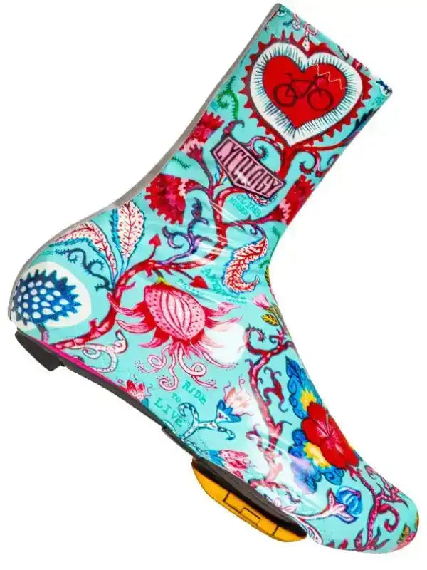 Colorful cycling shoe cover with floral and heart bike design, ideal for women's and men's cycling gear