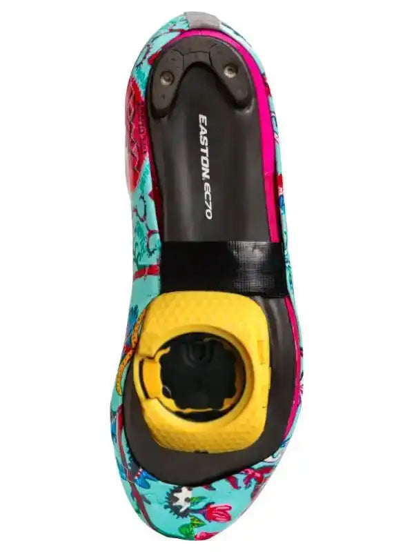 Easton EC70 cycling shoe sole with colorful floral pattern and yellow cleat system