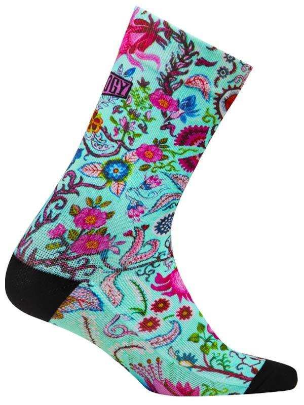 Vibrant floral cycling sock with turquoise base, pink and blue flowers, black toe and heel for men's and women's bike rides.