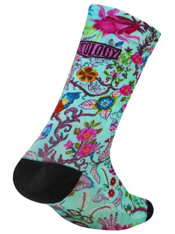 Colorful floral cycling socks with black toe, vibrant design for men and women riders