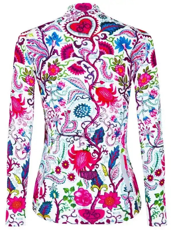 Women's cycling jersey with vibrant floral and paisley print, long sleeves, back view