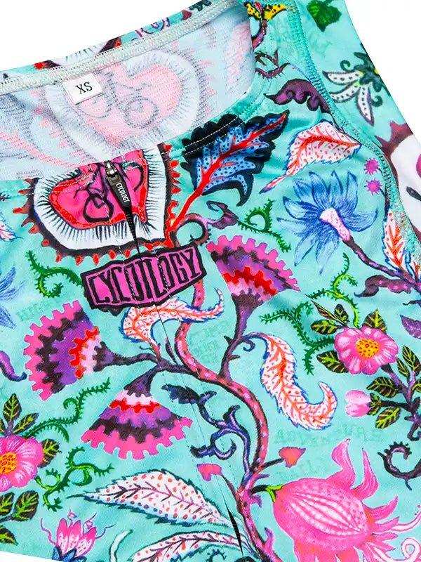 Vibrant floral cycling jersey with colorful botanical print and zipper detail