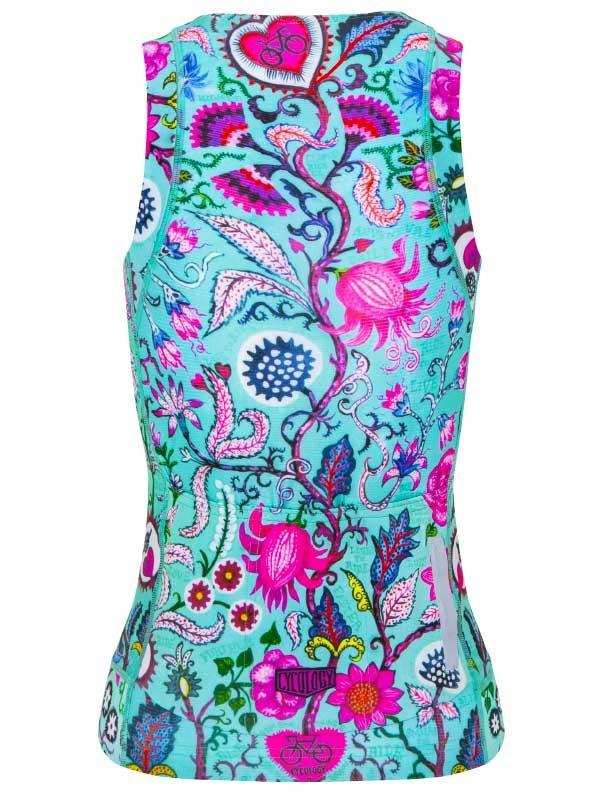 Women's cycling vest with vibrant floral and heart pattern on turquoise background, ideal for bike rides