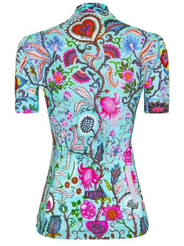 Women's cycling jersey with vibrant floral and paisley print, short sleeves, back view