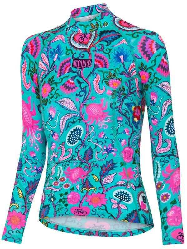 Women's long sleeve cycling jersey with vibrant floral and paisley print on teal background