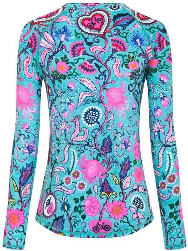 Women's long sleeve cycling jersey with vibrant floral and paisley print on teal background