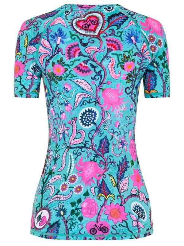 Women's cycling jersey with vibrant floral and bike print on teal background, short sleeve design