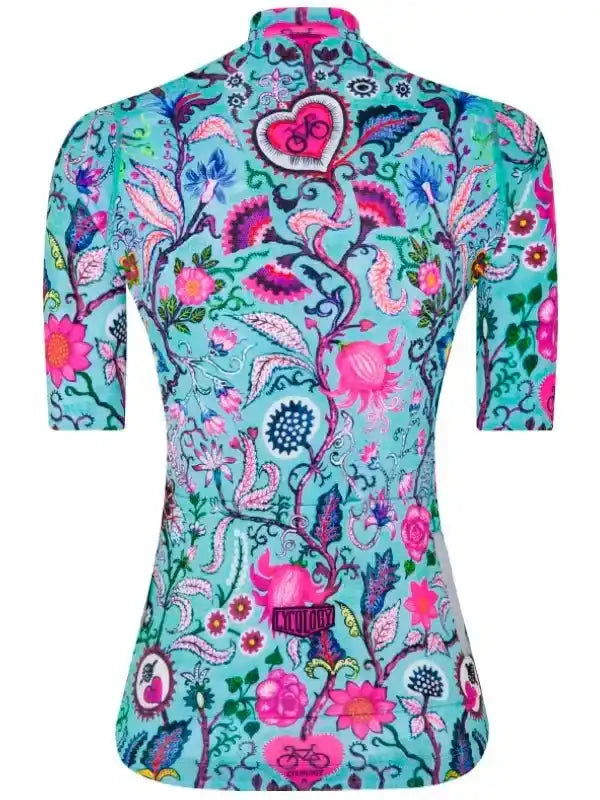 Women's cycling jersey with vibrant floral and heart pattern, short sleeves, turquoise base