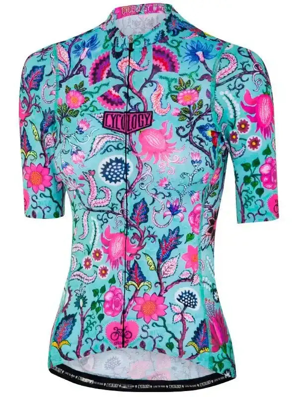 Women's cycling jersey with vibrant floral pattern, short sleeves, and full zipper for bike rides