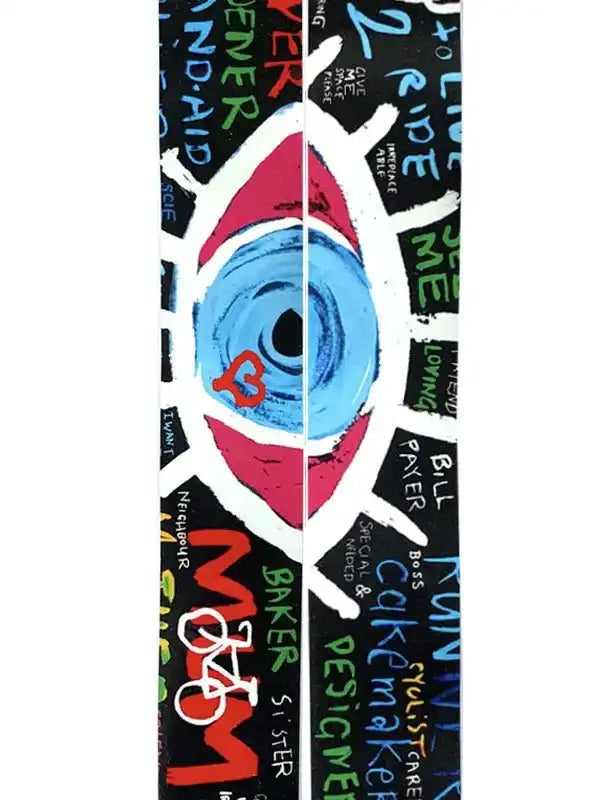 Colorful cycling shorts with bold eye graphic and graffiti-style text design