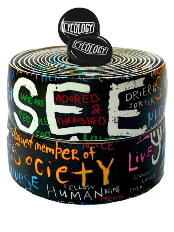 Cycology branded cycling handlebar tape with colorful graffiti-style text design