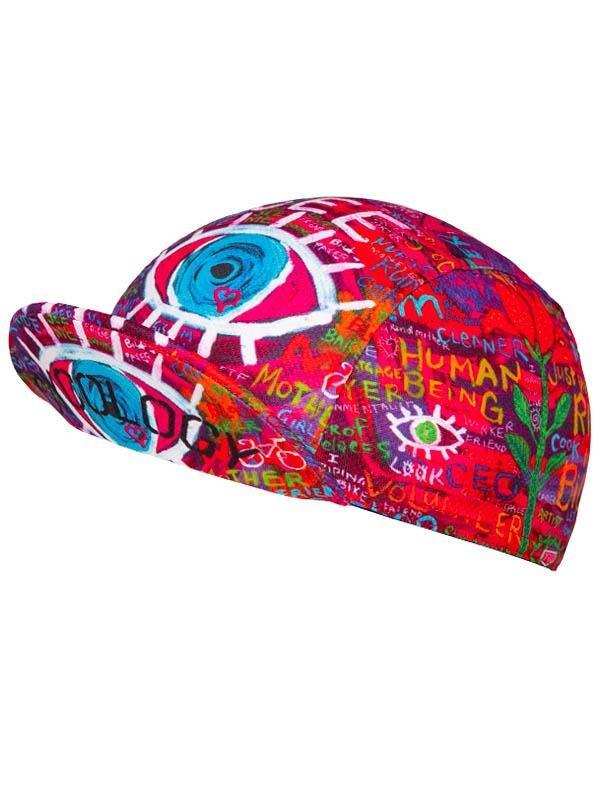 Colorful cycling cap with graffiti-style eye and text designs for men and women