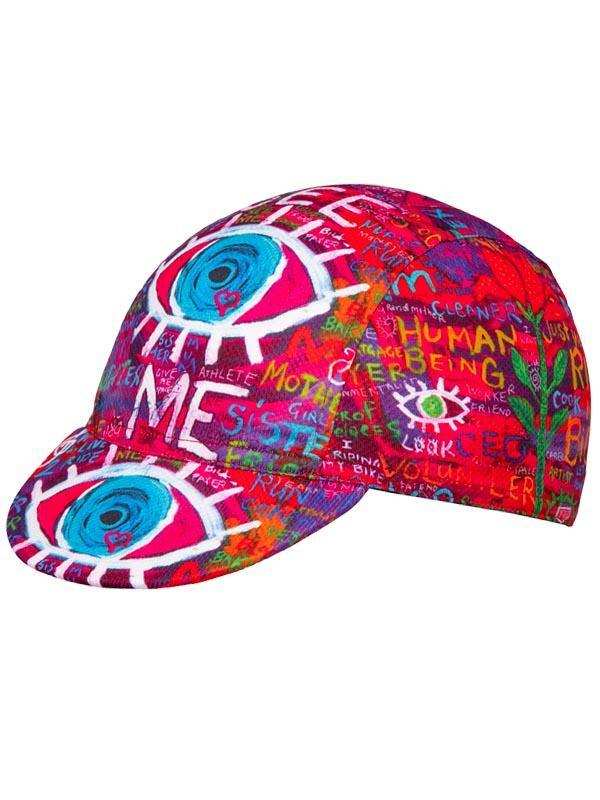 Colorful cycling cap with bold eye graphics and graffiti-style text, perfect for road bike riders