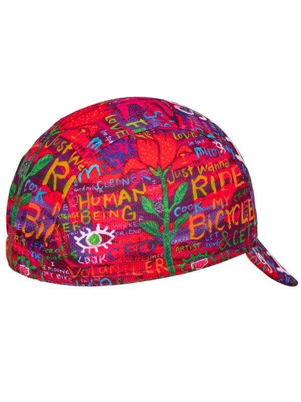 Colorful cycling cap with bold text and floral graphics, ideal for bike rides and outdoor adventures.