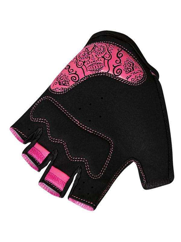 Black and pink cycling glove with sugar skull design, fingerless style for women's bike rides