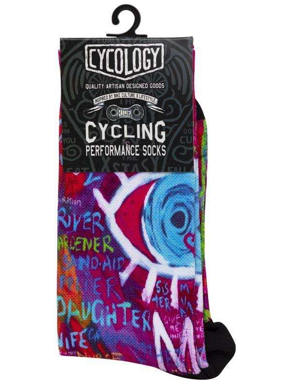 Colorful cycling performance socks with graffiti art design, inspired by bike culture