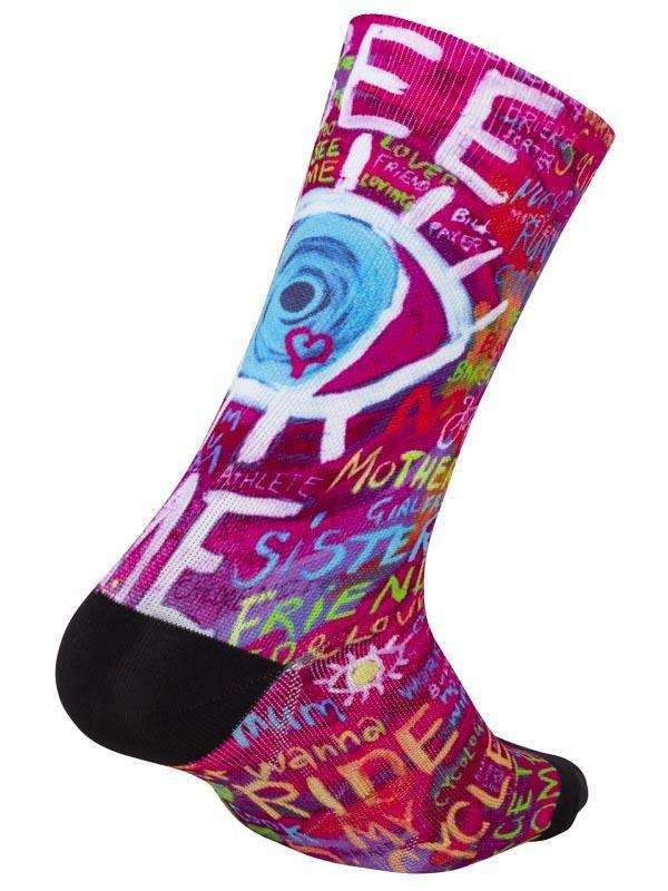 Colorful cycling sock with vibrant pink design, heart, eye graphic, and words like 'RIDE' and 'FRIEND'