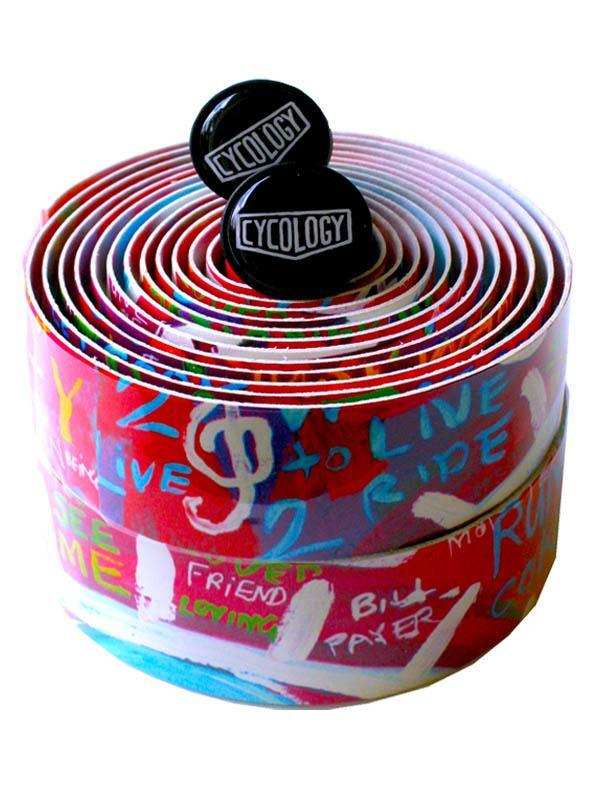 Colorful cycling handlebar tape with graffiti-style 'Live to Ride' design and Cycology logo caps