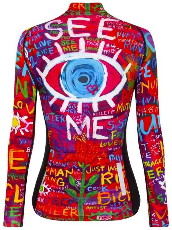 Women's long sleeve cycling jersey with vibrant 'See Me' eye graphic and colorful text design