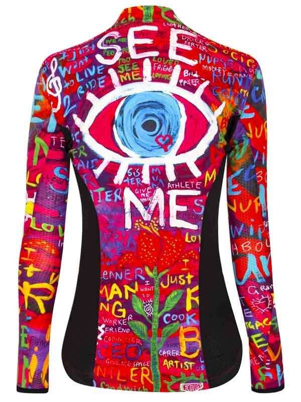 Women's cycling jersey with bold 'SEE ME' eye graphic and colorful graffiti-style text design
