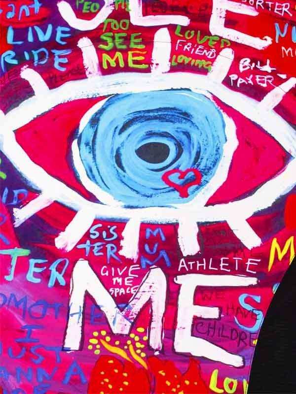 Vibrant cycling jersey with bold eye graphic, colorful text, and artistic design for men and women riders.