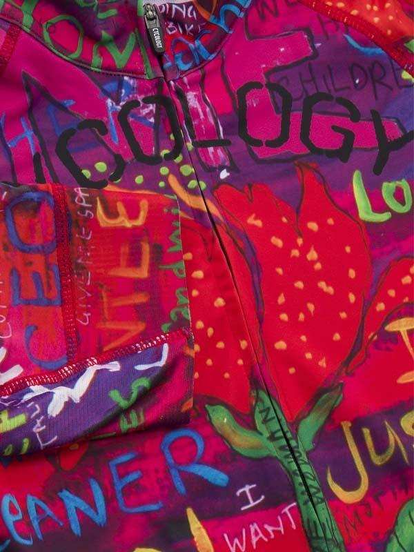 Vibrant graffiti-style cycling jersey with bold text and floral print, ideal for men's and women's bike wear.