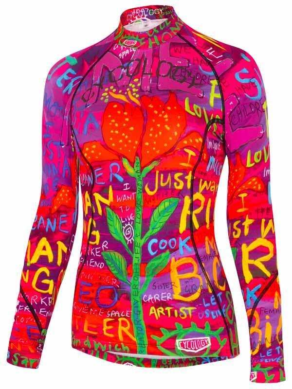 Vibrant women's cycling jersey with colorful floral and graffiti-style print, long sleeves, high collar