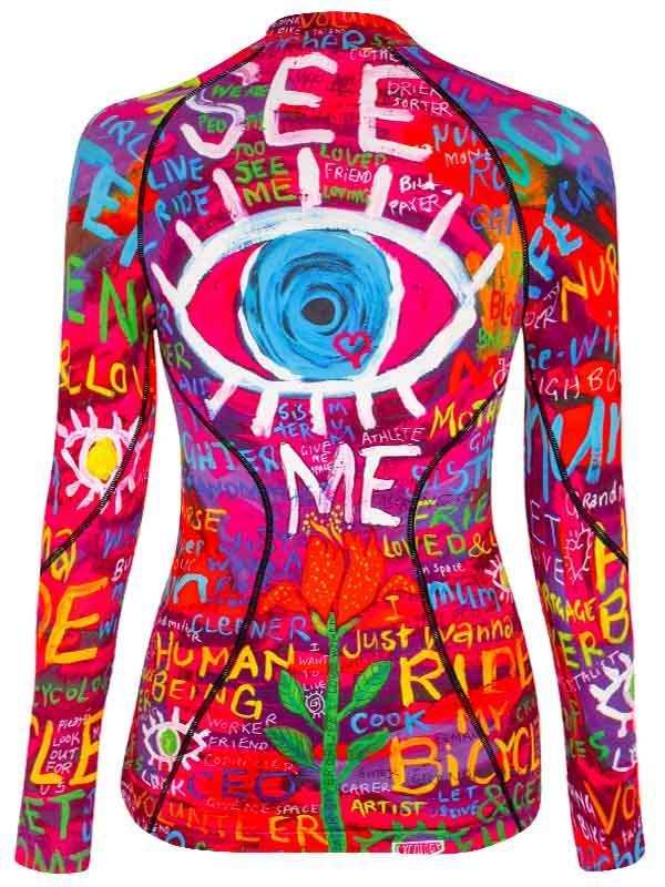 Vibrant women's cycling jersey with bold eye graphic, colorful graffiti text, and floral accents for road rides.
