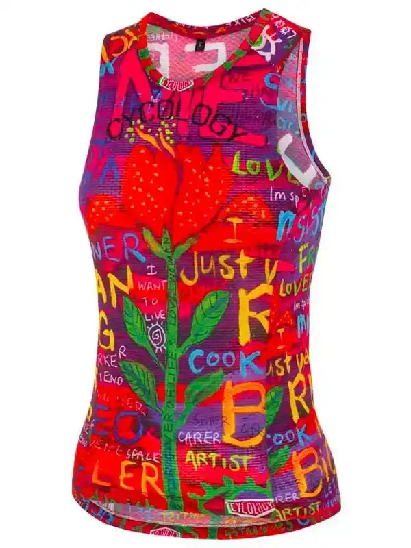 Women's colorful cycling tank top with graffiti art and floral design, breathable fabric for active rides.