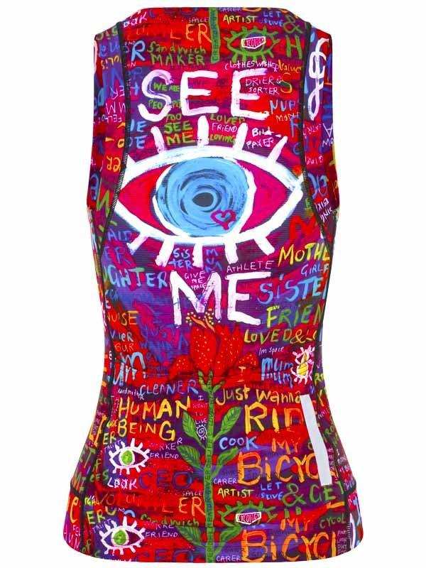 Vibrant cycling vest with bold 'SEE ME' eye graphic, colorful graffiti-style text, and floral accents for women's road bike wear