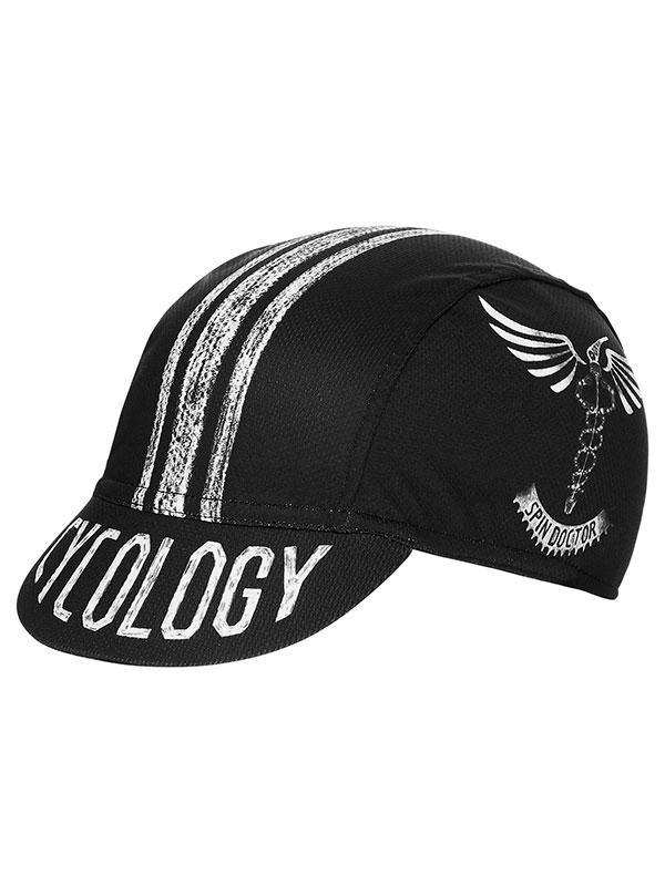 Black cycling cap with white 'CYCOLOGY' text, winged logo, and striped design for men's and women's bike rides