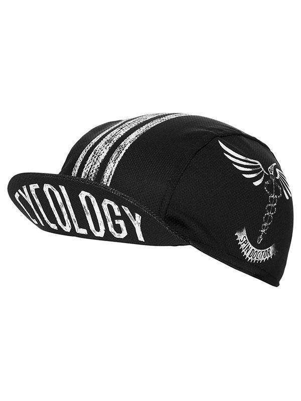 Black cycling cap with white 'Cycology' text and winged logo, ideal for men's and women's bike rides.