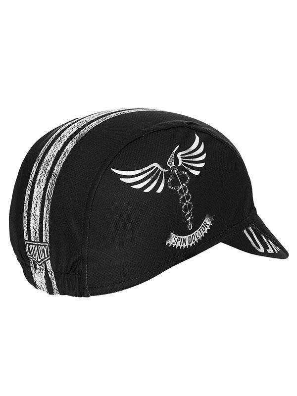 Black cycling cap with white winged caduceus design and 'Spin Doctor' text, ideal for road bike rides
