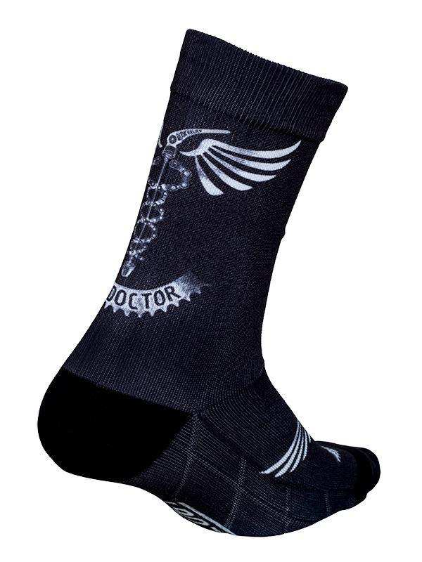 Black cycling sock with white winged gear design, ideal for men's and women's bike rides