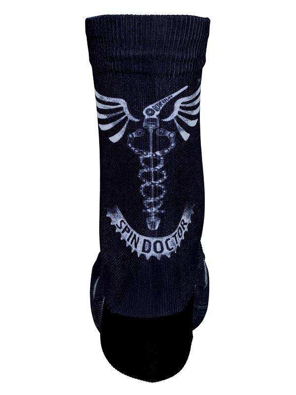Black cycling sock with 'Spin Doctor' graphic and winged spine design, ideal for men's and women's bike rides.