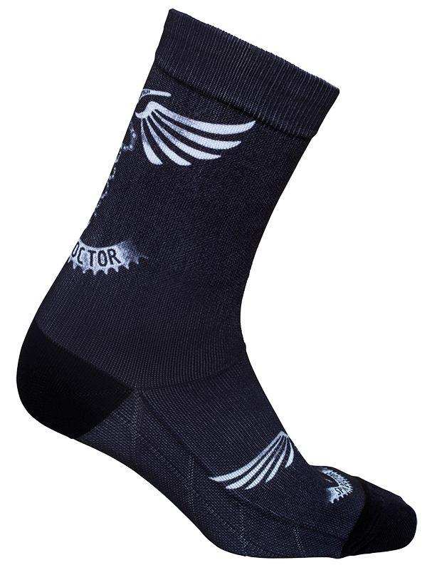 Black cycling sock with white wing design, ideal for men's and women's bike rides