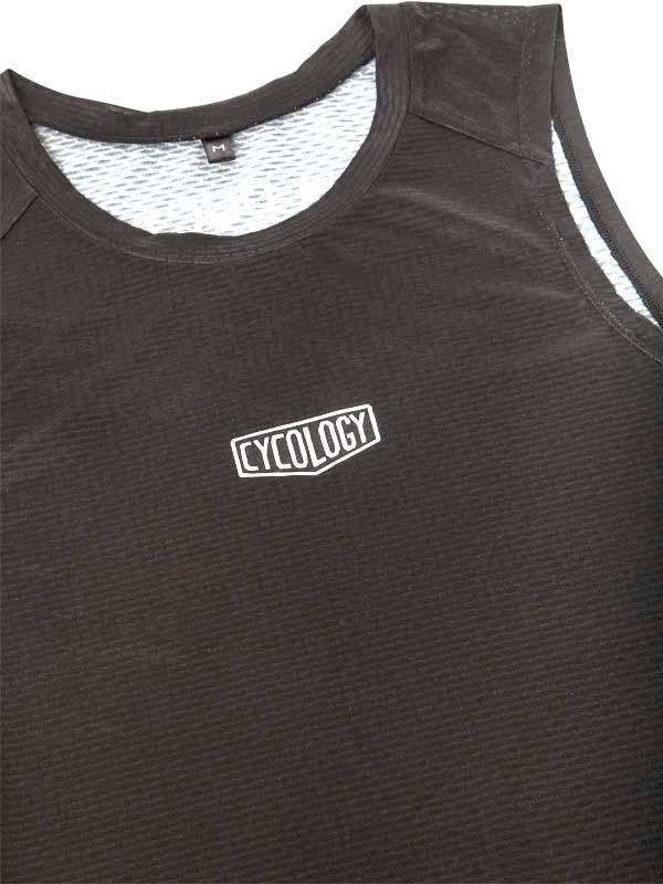 Black cycling tank top with white Cycology logo, breathable mesh back, men's performance wear
