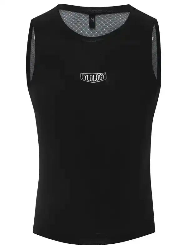 Black men's cycling tank top with mesh back and Cycology logo, designed for breathable performance wear.