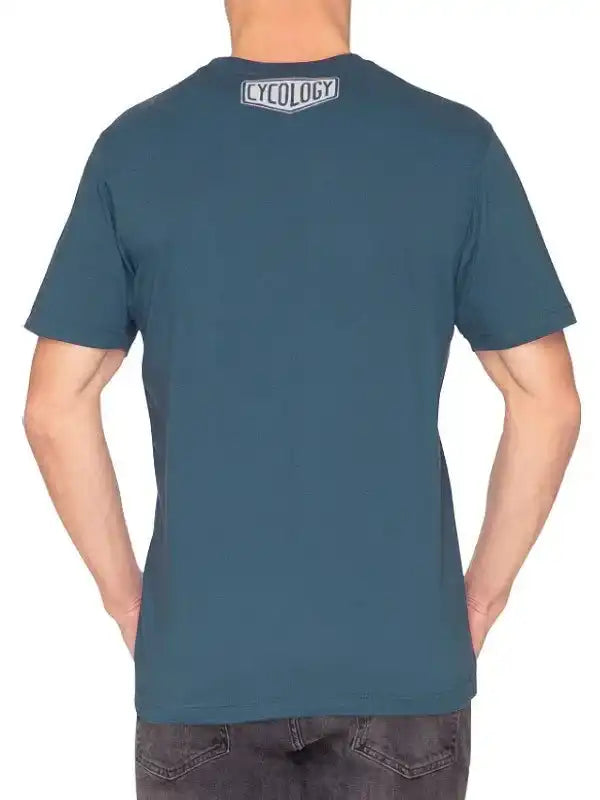 Men's teal cycling t-shirt with back logo, casual fit for active lifestyle