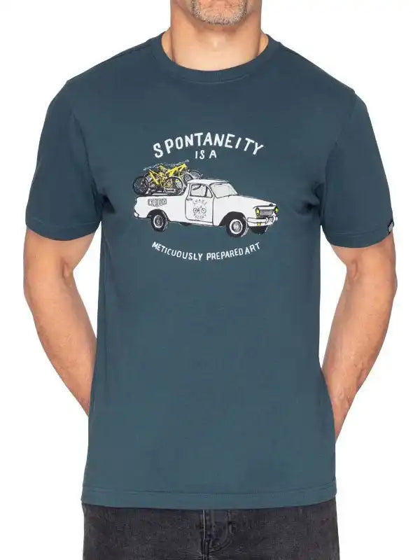 Men's cycling t-shirt with vintage truck and bike graphic, 'Spontaneity is a Meticulously Prepared Art'