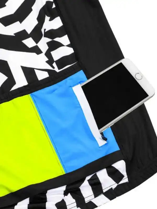 Cycling jersey with bold black-white print, neon yellow and blue panels, and secure phone pocket for rides.