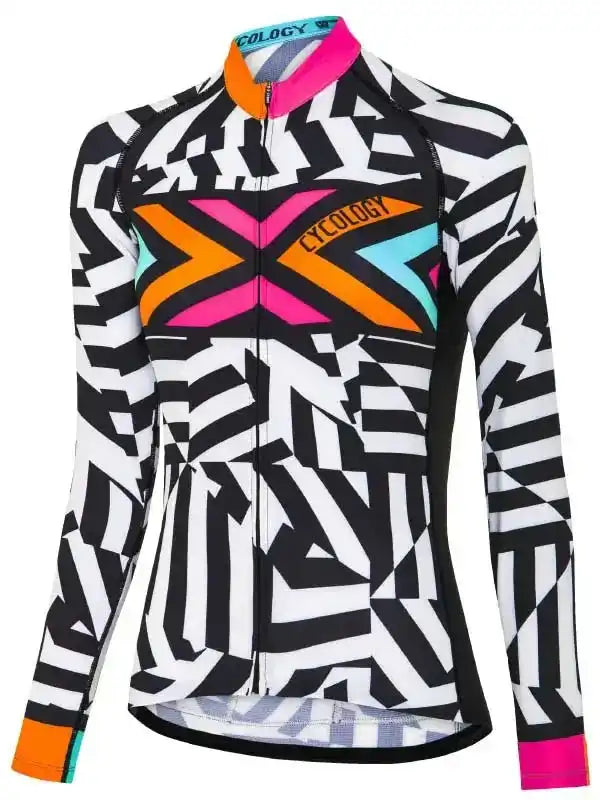Women's cycling jersey with bold black and white geometric pattern and colorful X design