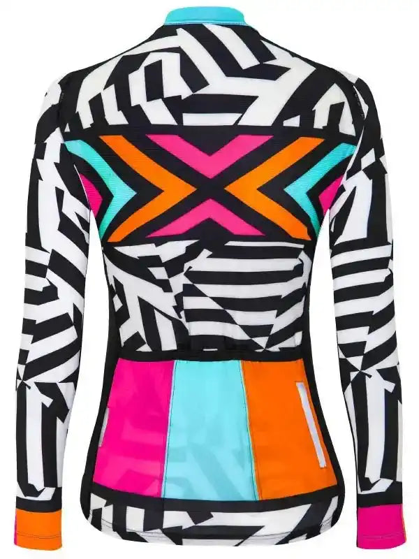 Women's cycling jersey with bold geometric print and vibrant color blocks for road biking