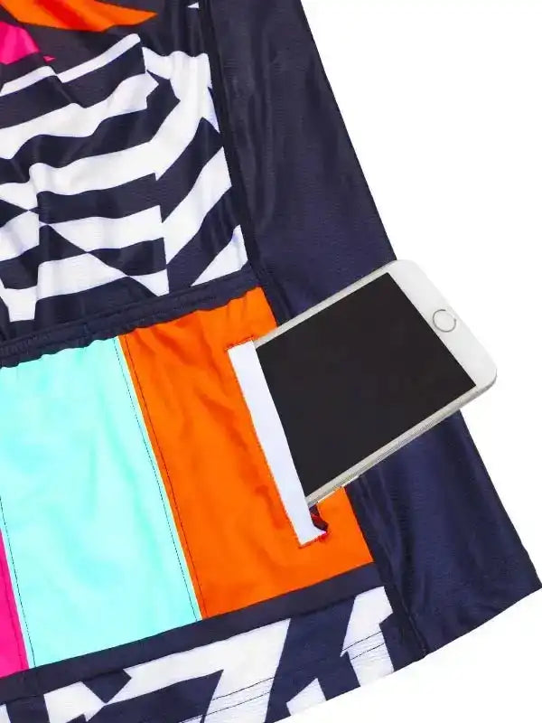 Colorful cycling shorts with phone pocket, geometric pattern, high-quality fabric for men and women