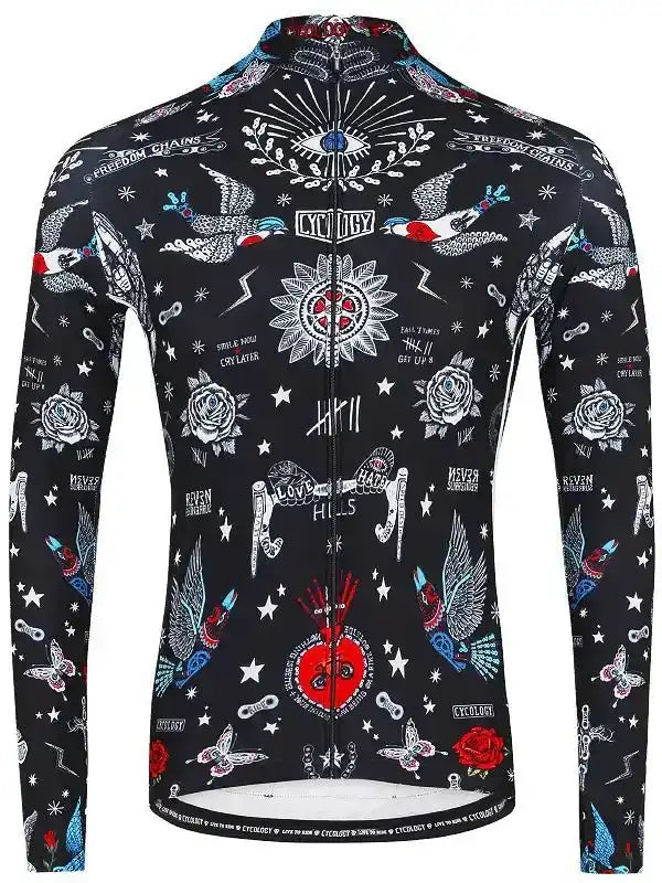 Men's long sleeve cycling jersey with tattoo-style graphics, roses, stars, and bold designs for road biking.