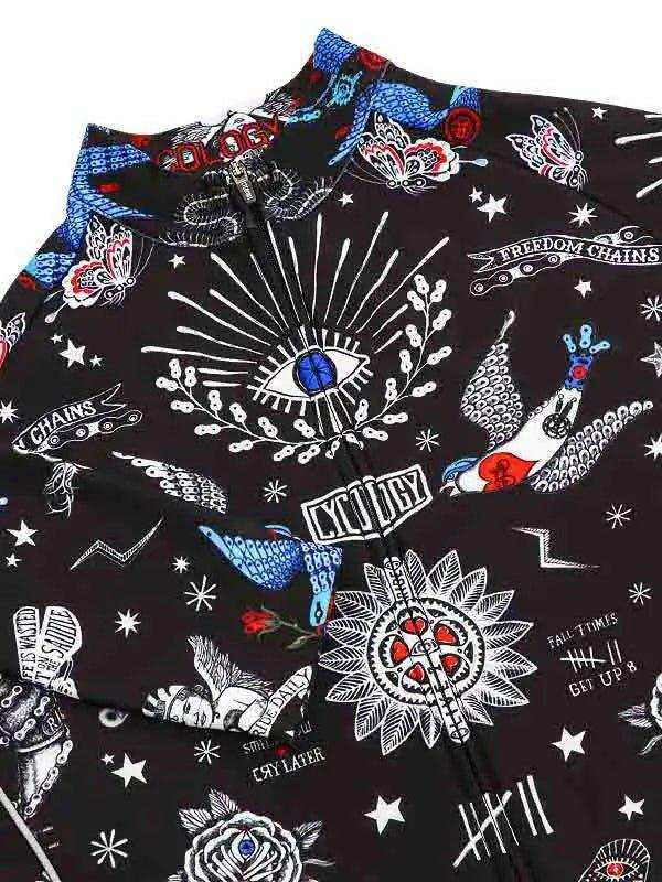 Men's cycling jersey with bold tattoo-style graphics, eye motifs, and stars on black fabric