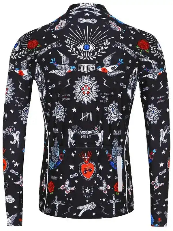 Men's long-sleeve cycling jersey with tattoo-style graphics, roses, stars, and eye motifs on black fabric