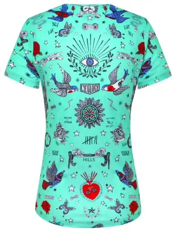 Mint green cycling jersey with tattoo-style birds, roses, stars, and eye design for men and women