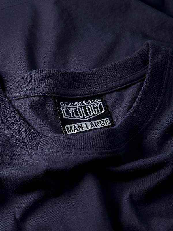 Cycology men's large cycling t-shirt tag detail in dark navy fabric